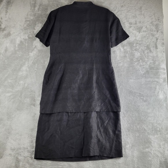 Vintage NY Sake Midi Dress Womens 8 Black Linen Blend Button Front Short Sleeve - Picture 3 of 11